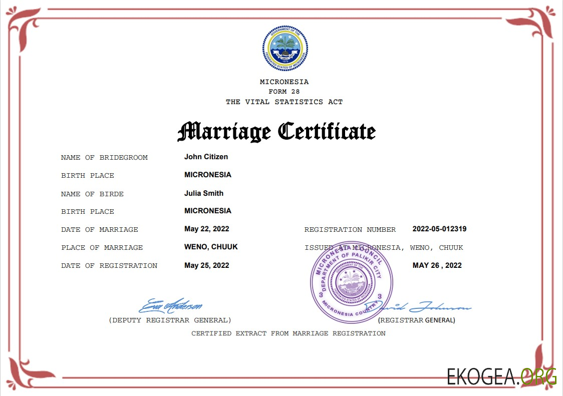 Modèle Word et PDF de certificat de mariage en Micronésie